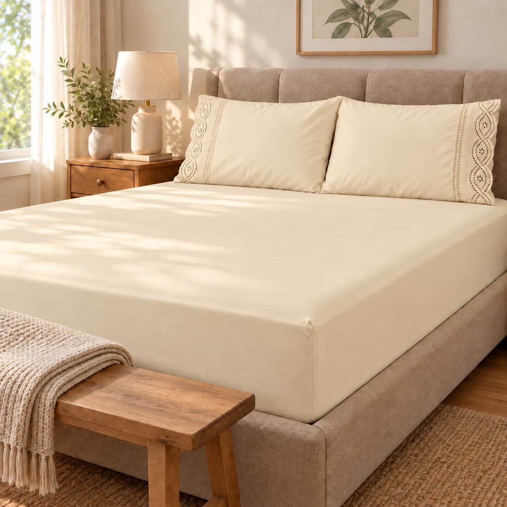 Jogo de Lençol Bordado Cama Casal Padrão Queen 400 Fios 3 Peças Lençol com Elástico e Fronhas