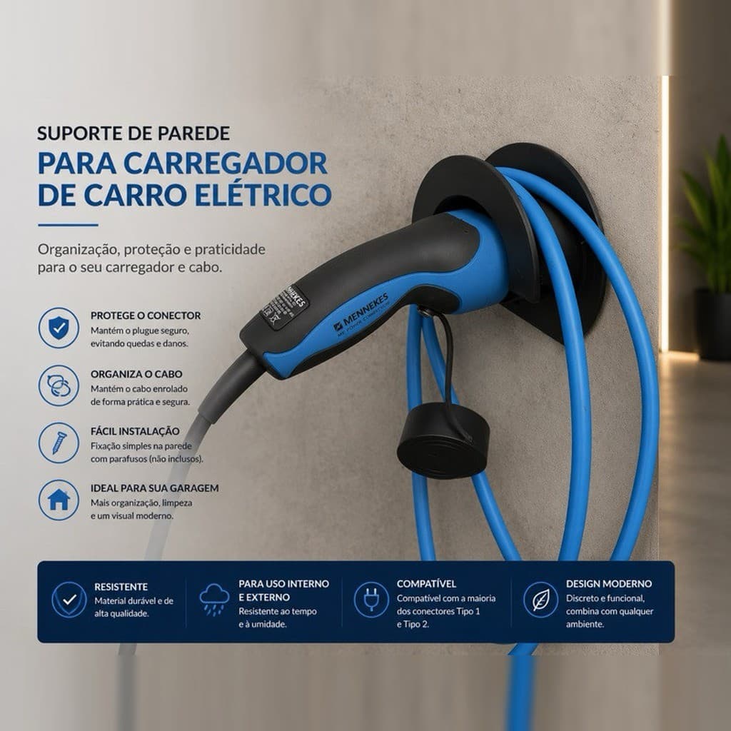 Suporte Organizador para Cabo de Carregador de Carro Elétrico, Plug Tipo 2