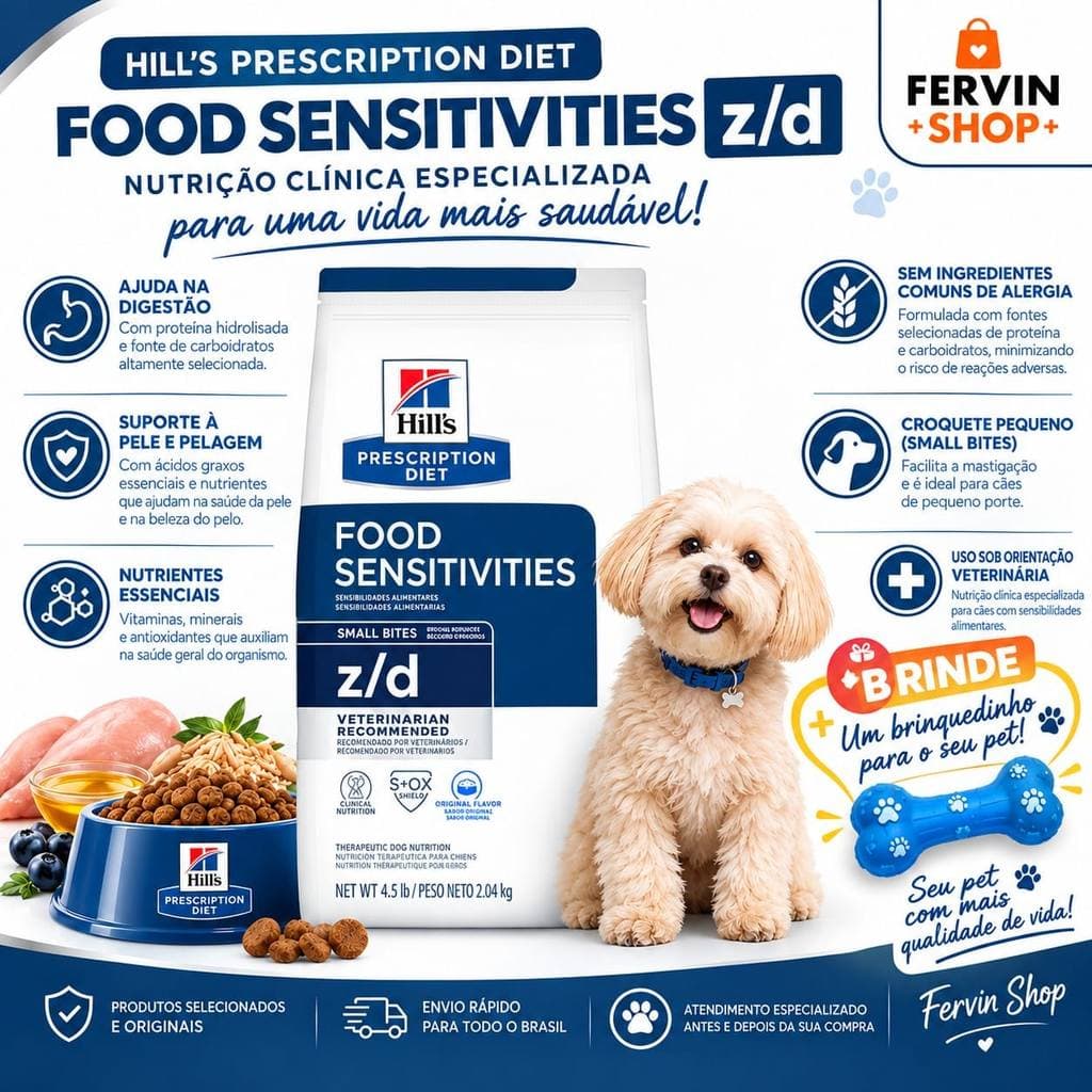 RAÇÃO PREMIUM HILLS PEDAÇOS PEQUENOS PARA CÃES CACHORROS COM SENSIBILIDADE ALIMENTAR PRESCPTION DIET Z/D DE 2,04kg