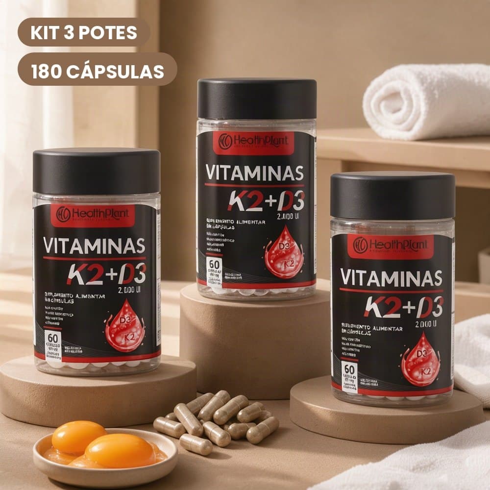 Kit com 3 Potes Vitamina K2 + Vitamina D3 2000UI 500mg 180 Cápsulas Suplemento