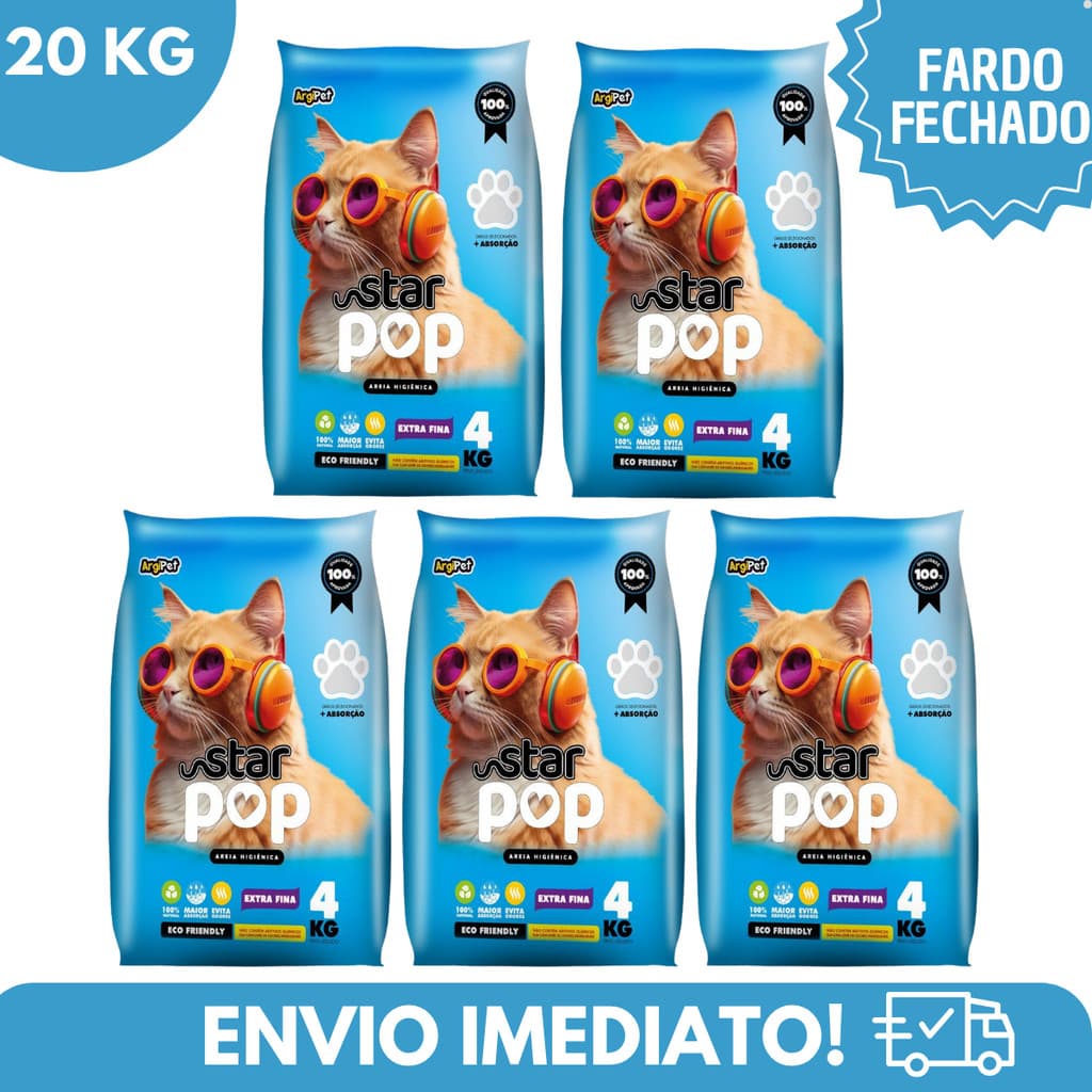 Kit 5 Areia Sanitária Higiênica Argila Natural Star Pop Extra Fina p Gatos Grãos Finos 20 kg Argipet