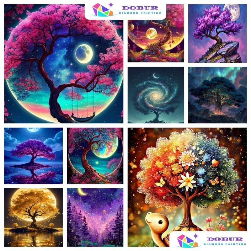 DOBUR | Conjunto De Pintura Diamante Fantasia Árvore Mágica Da Vida/Estrela-Lua Floresta 5D DIY Redondo/Quadrado Tela De
