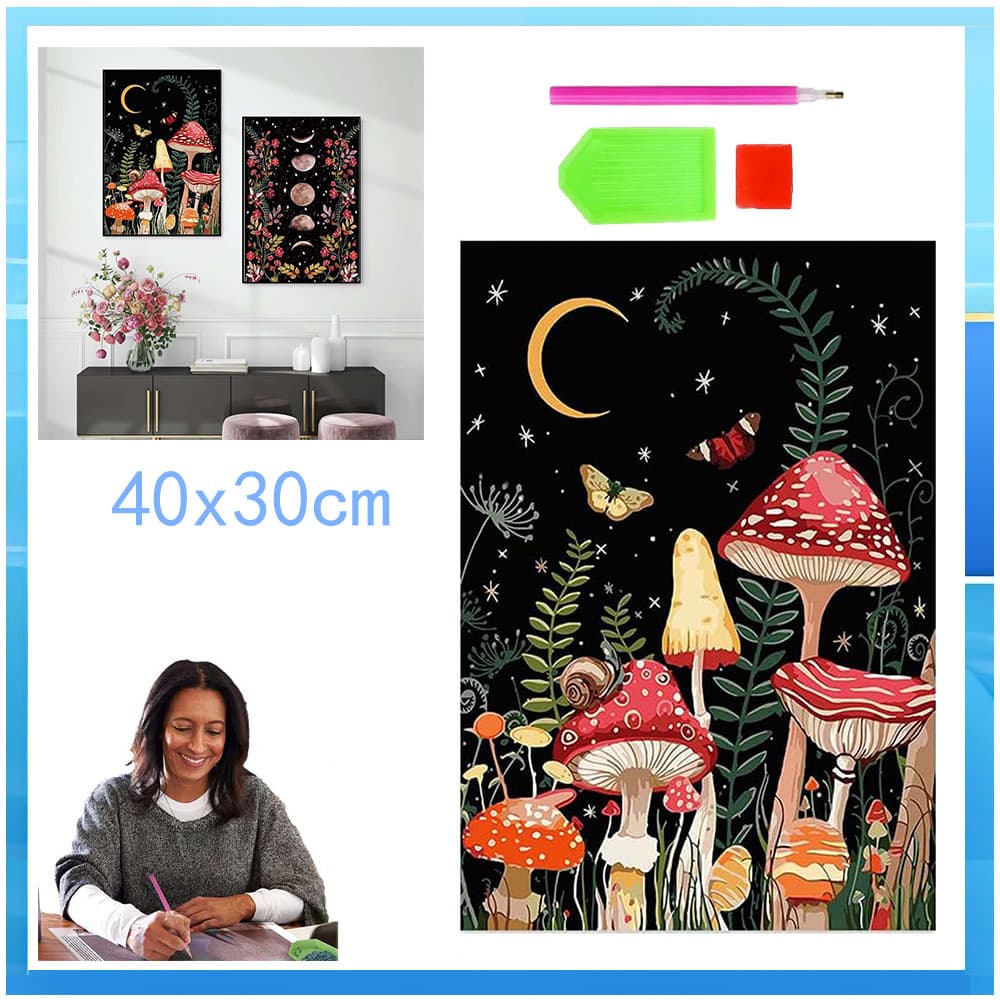 Conjunto de pintura diamante adulto 5D floresta cogumelo 40x30cm DIY redondo diamante decoração de parede para casa
