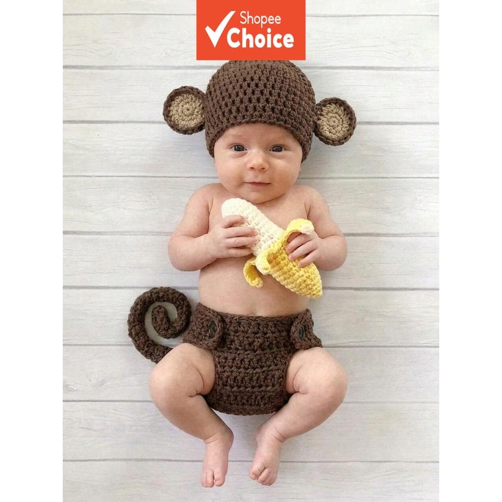 Conjunto de 3 peças de crochê feito à mão para fotografia de recém-nascidos: macaco, chapéu, fralda e banana