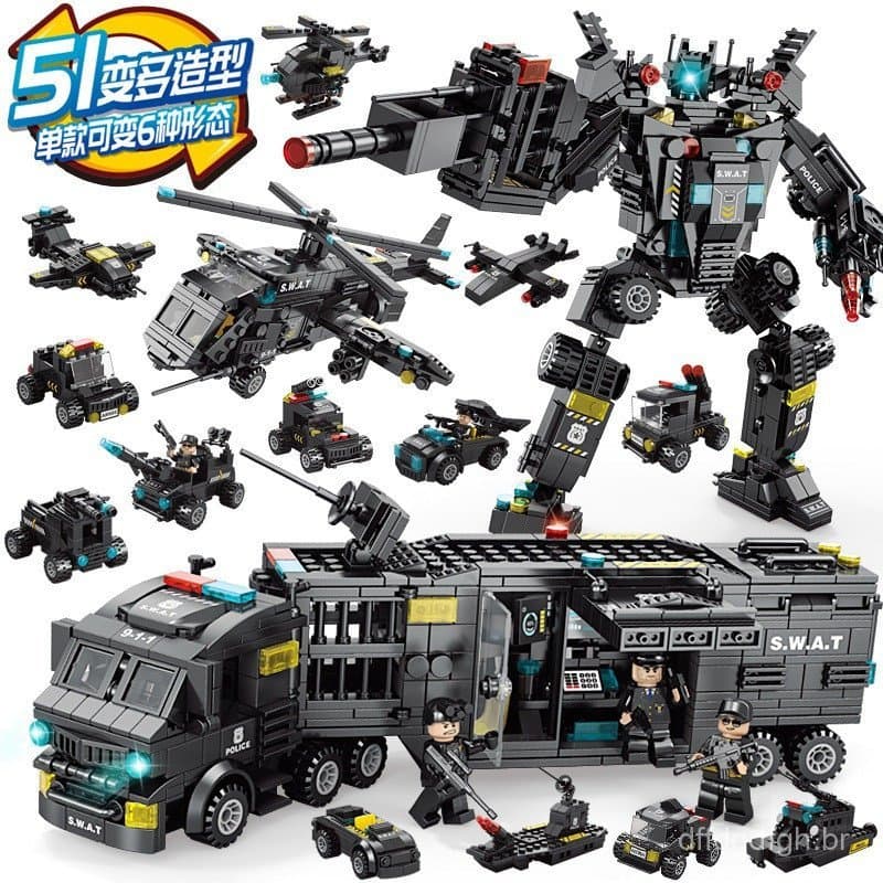 1.000 peças de blocos de montar Lego: tanque de combate, navio de guerra militar, falcão negro, SWAT, equipe de montagem