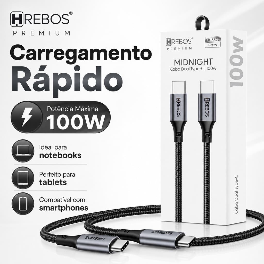 Cabo Tipo C 100W USB P/ Tipo C Turbo 1m 2m Android, IPhon 15 16 17 Tablet Notebook