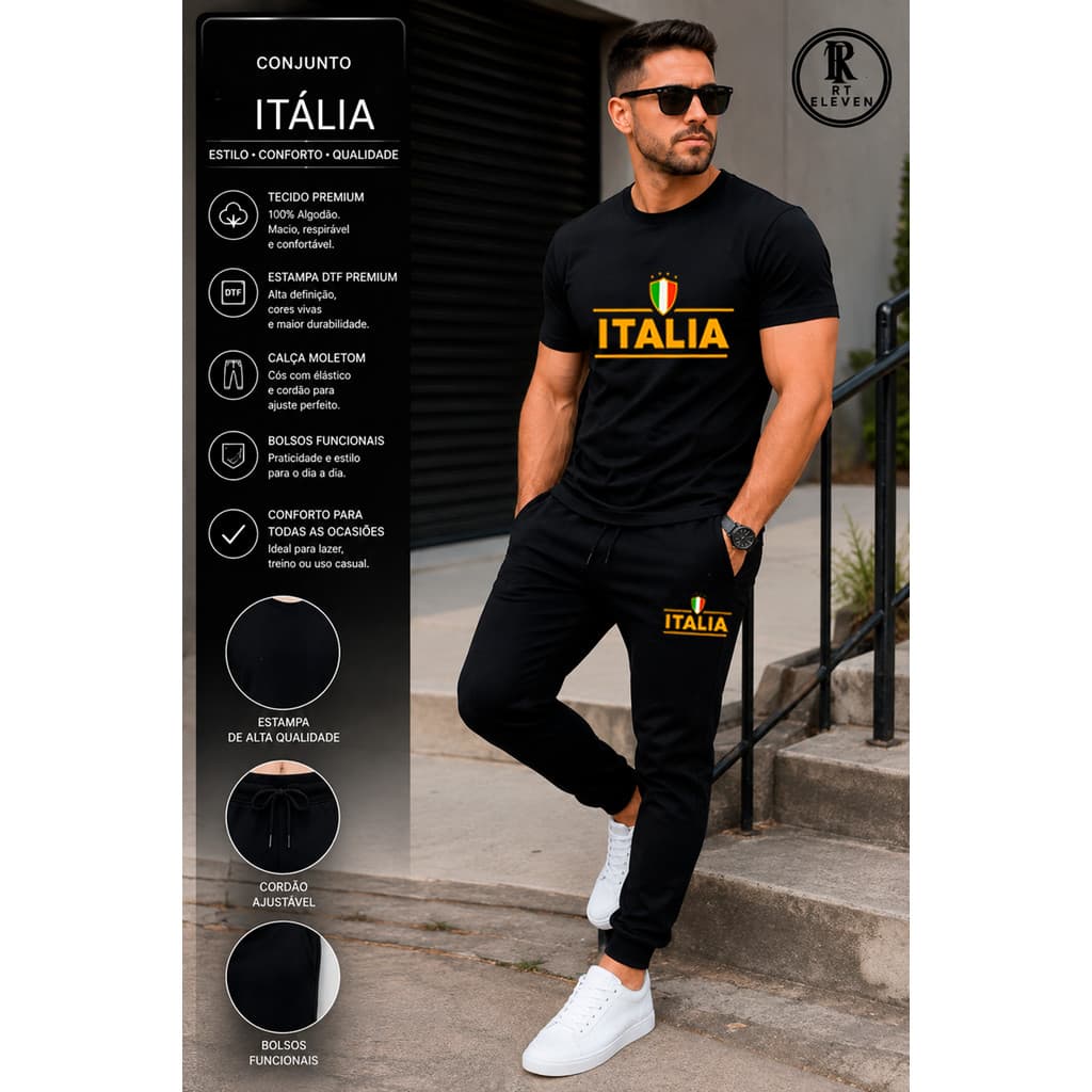 Kit Conjunto Itália Camiseta e Calça moletom  Moda Streetwear casual Malha Algodão + calça Moletom Com bolso Cs