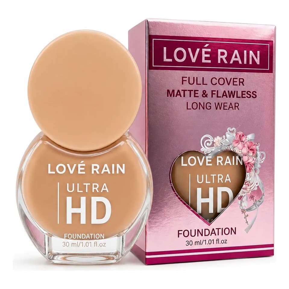 Base Líquida Love Rain Ultra HD Skin Serum Facial Alta Cobertura Matte Flawless Acabamento Natural
