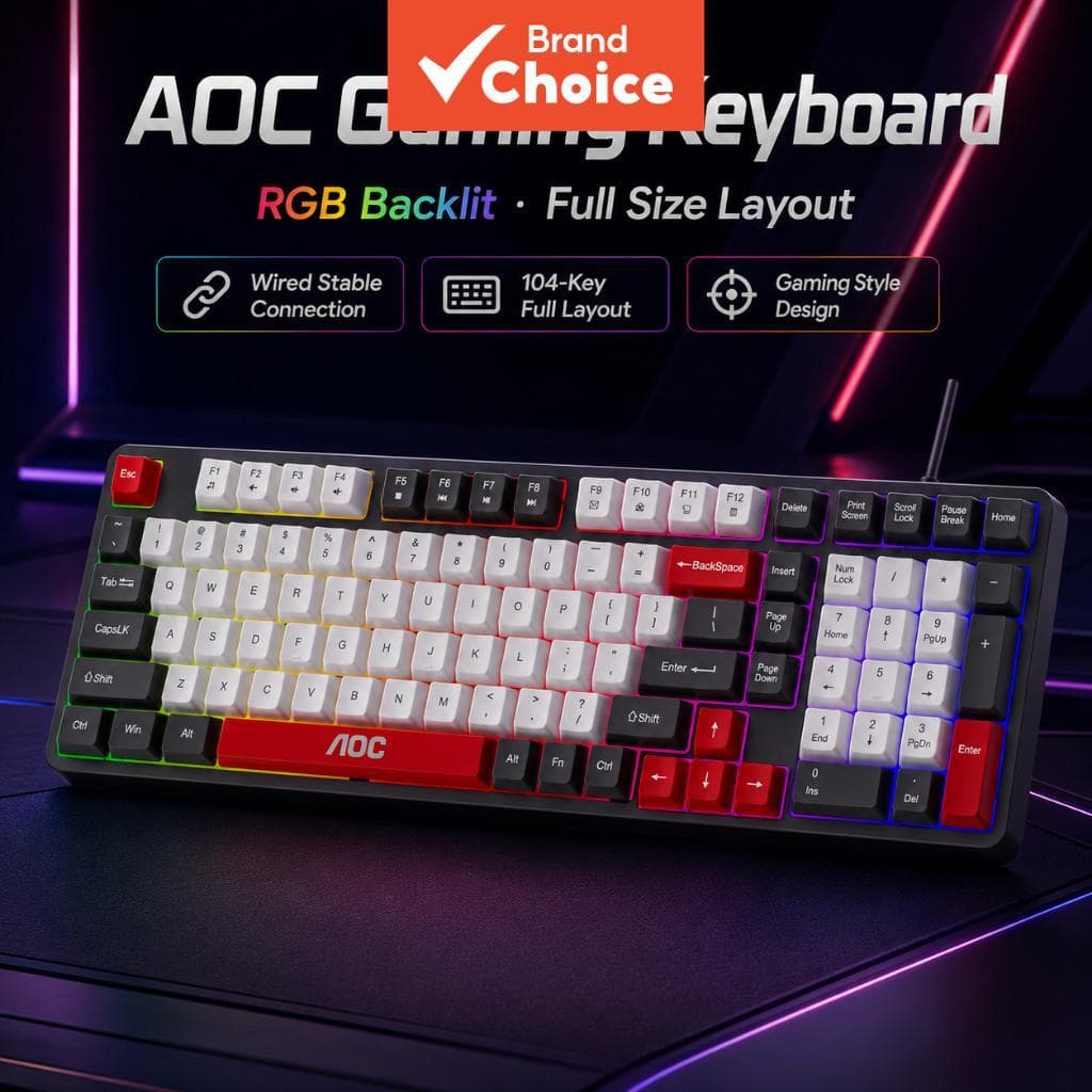 Teclado Para Jogos Com Fio AOC RGB Retroiluminado De Tamanho Completo De 104 Teclas USB Plug & Play Mecânico Feel Gamer 
