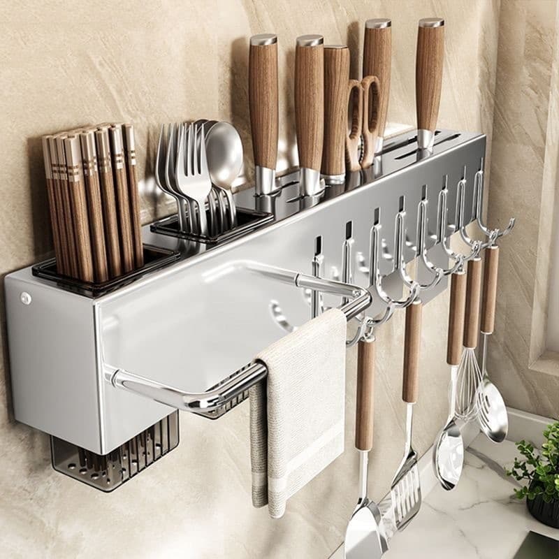 Prateleira de cozinha de aço inoxidável multifuncional sem perfuração suporte de faca de parede suporte de pauzinho faca