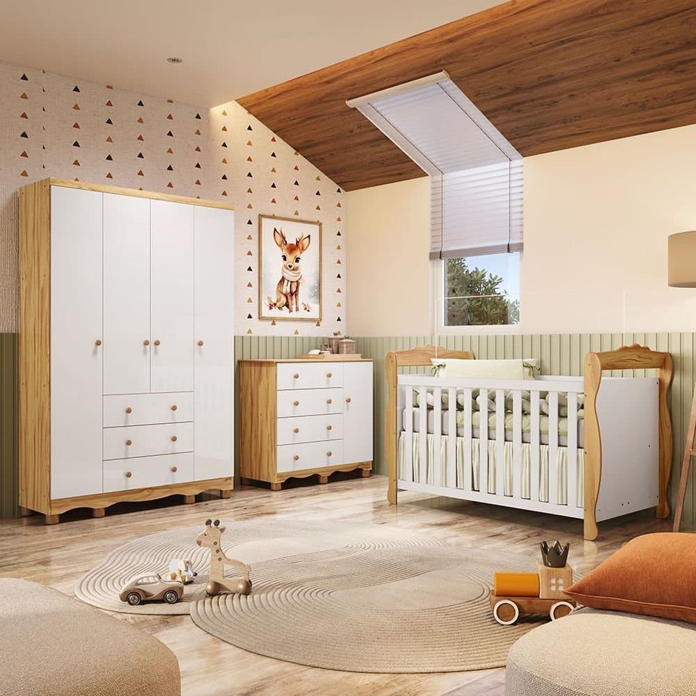 Quarto de Bebê Completo Berço 3 em 1, Cômoda e Guarda Roupa MDF Nina Espresso Móveis Branco/Amêndoa Branco