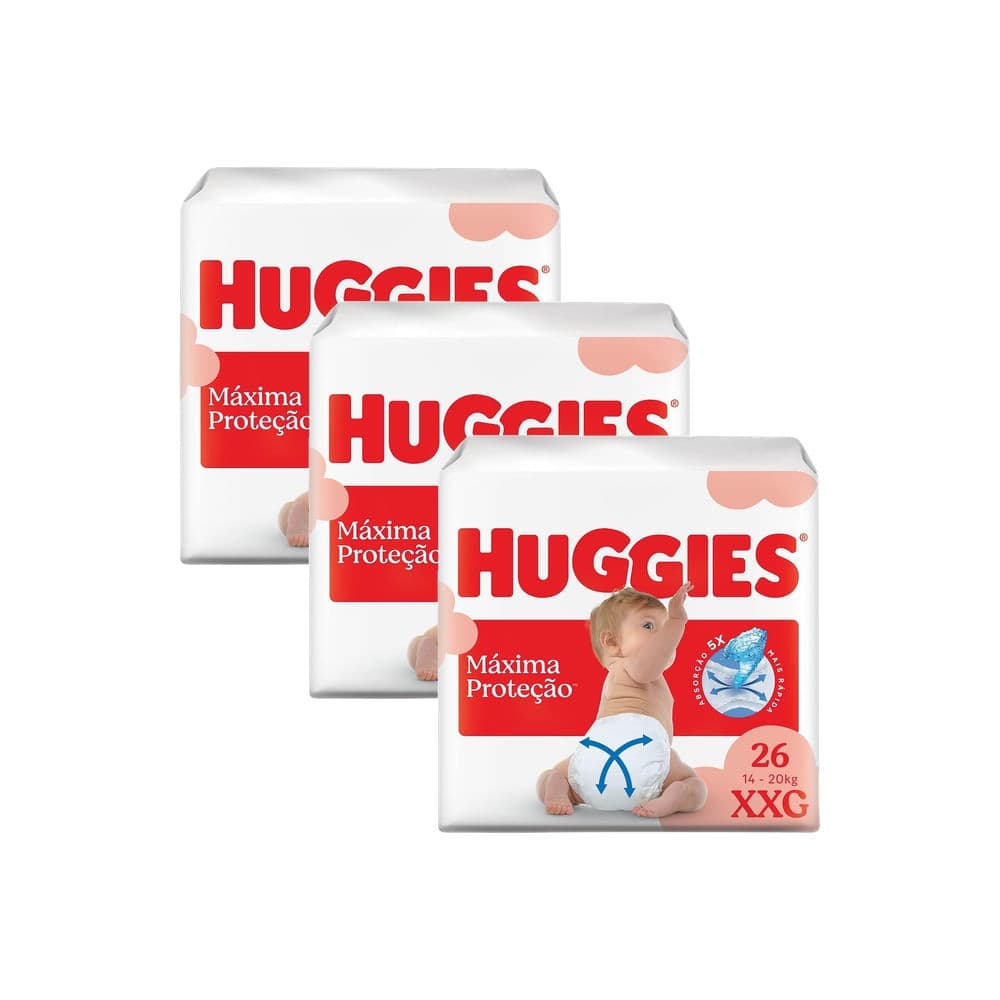 Kit 3 Fralda Huggies Máxima Proteção Tamanho XXG Mega 26 Unidades Descartáveis