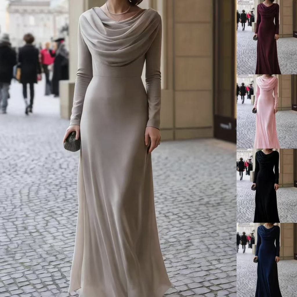 Vestido Feminino: Vestido formal de manga comprida com decote redondo, elegante vestido longo para banquetes.