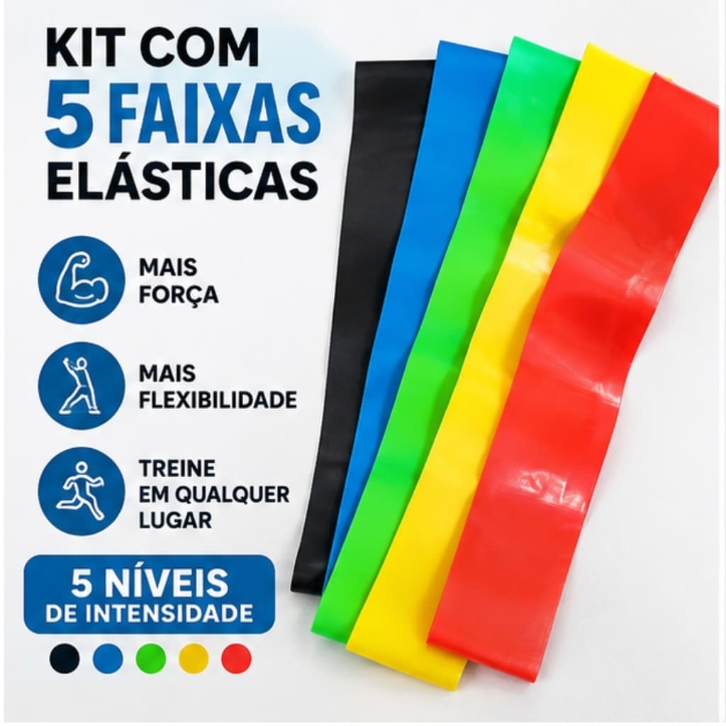 Kit 5 Faixas Elásticas Látex Exercícios 5 Intensidades Academia Fitness Musculação Treino Resistência Mini Band
