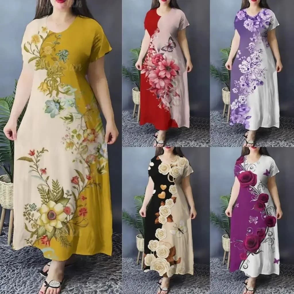 Vestido feminino com estampa 3D Floral padrão manga curta vestido longo 2026 verão moda feminina vestido de férias