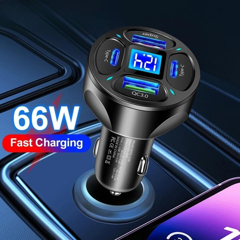 Carregador De Carro USB 66W Tipo-C Carregamento Rápido 4 Portas Adaptador De Carga Rápida 3.0 Para iPhone 15 14 Pro Sams