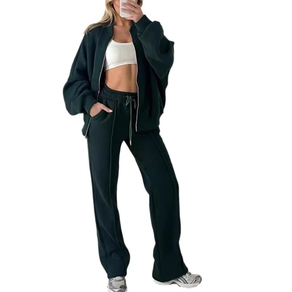 Novo Conjunto Casual Feminino de Moda, Conjunto de Duas Peças com Moletom de Manga Longa de Cor Sólida e Calças com Zípe
