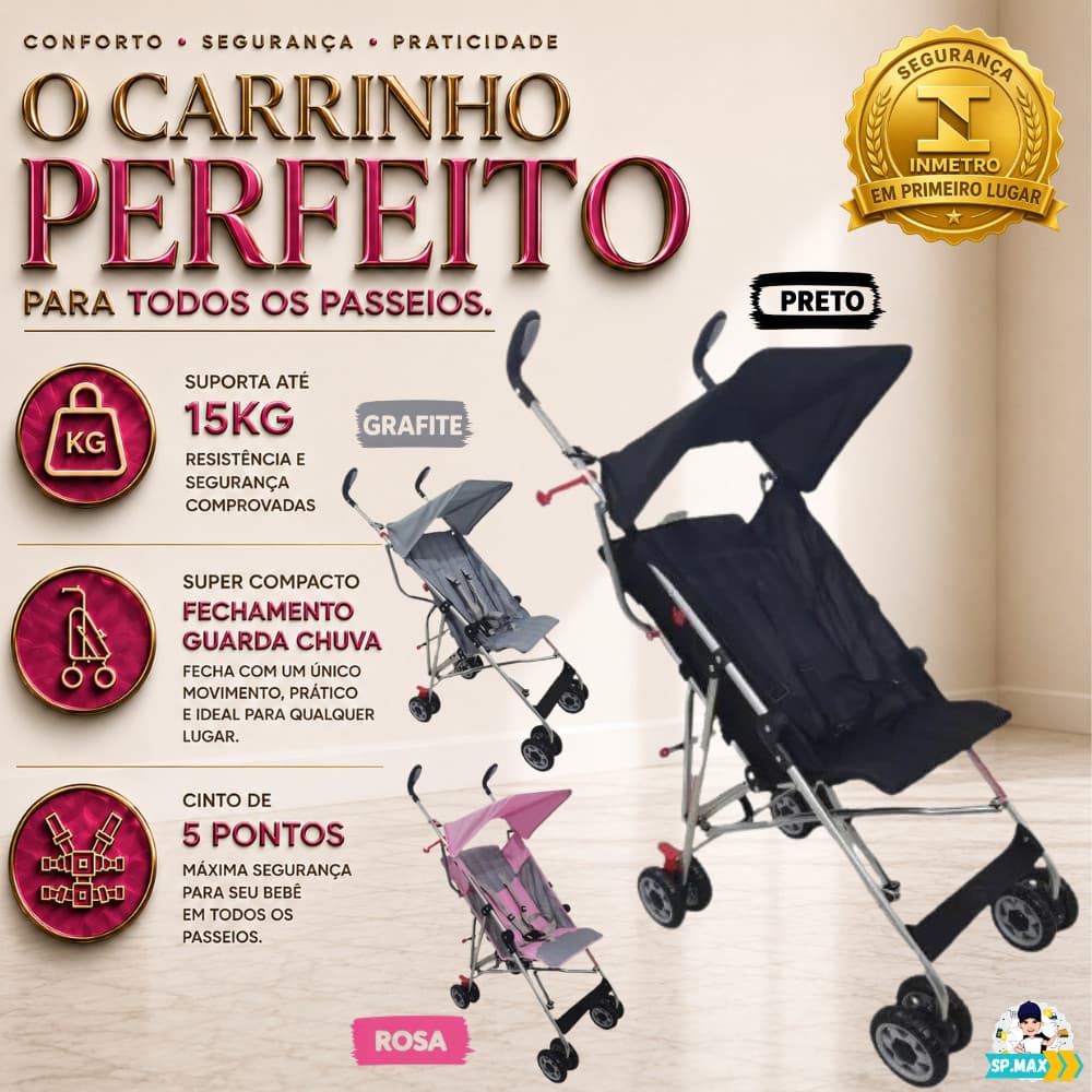 Carrinho De Bebê Passeio Guarda Chuva Compacto Tecido Semi Impermeável Seguro Cinto 5 Pontos Até15kg