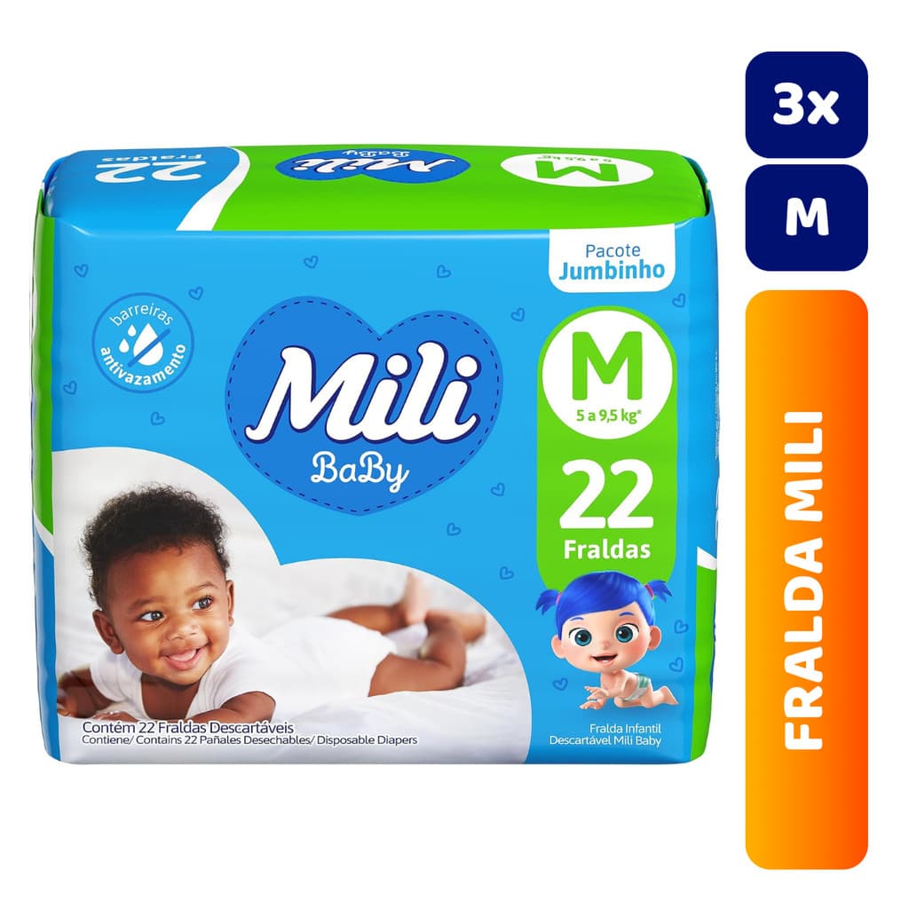 Kit 3x Fralda Infantil Mili Jumbinho Ultra Seca C/22 M