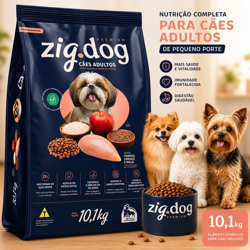Saco Ração 10,1kg Cachorro Pequeno Porte Todas as Raças Premium Zig Dog Frango/Cereais/Maça