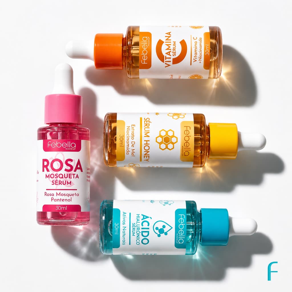SÉRUM FACIAL HIDRATANTE 4 VERSÕES ÁCIDO HIALURÔNICO, ROSA MOSQUETA, VITAMINA C E MEL – FEBELLA MAKEUP