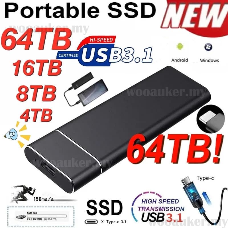 Disco Rígido Externo SSD Portátil De 64TB , 128TB Para Armazenamento De Dados , Moblie De 16TB Laptop , Desktop , Memóri