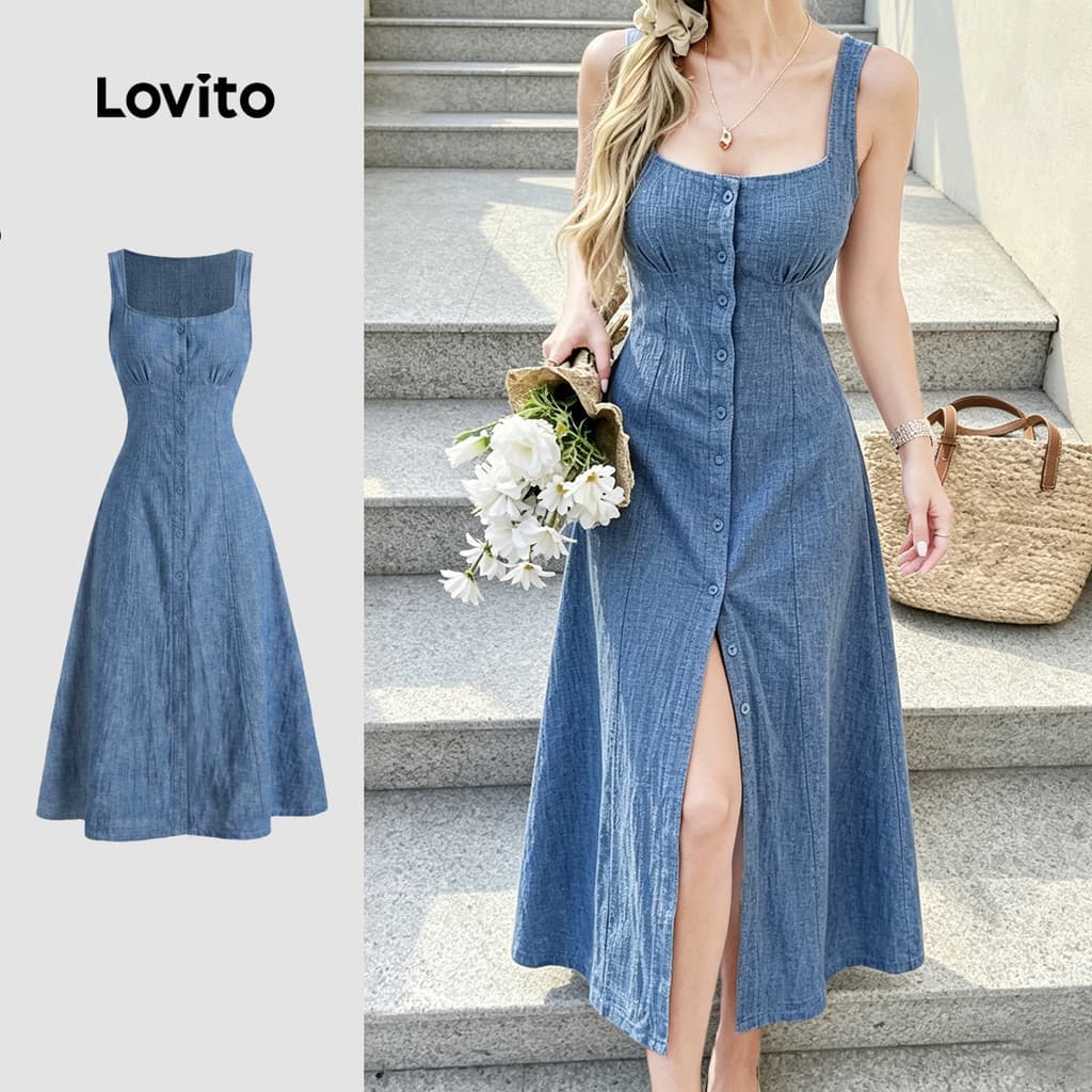 (New Arrival) Lovito Vestido Azul Feminino e Fenda e Acabamento em Babado para primavera/verão LK7ED1409