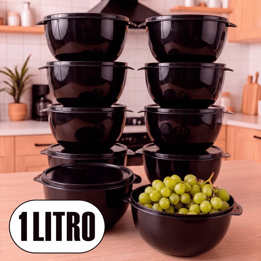 Kit 10 Bowl Preto 1000ml com Tampa Potes Kaziva - Reforçados Cozinha Alimentos e Marmitas Congelador