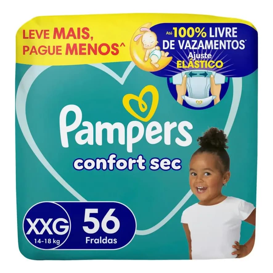 Fralda Pampers Confort Sec Bag XXG 56 Unidades Bebê Absorção Proteção Ajuste Macio Antivazamento
