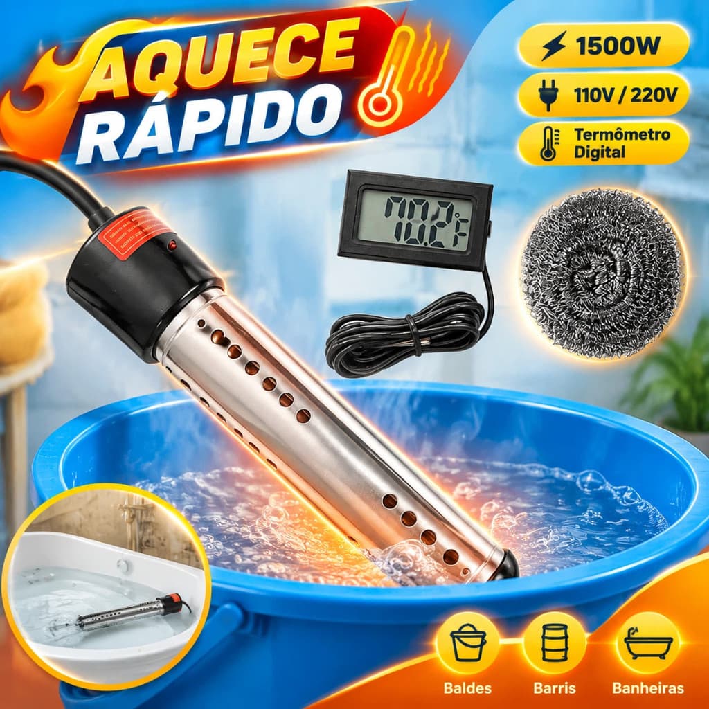 Aquecedor De Água Por Imersão 1500W 110V/220V Portátil Com Termômetro Digital Para Balde Banheira