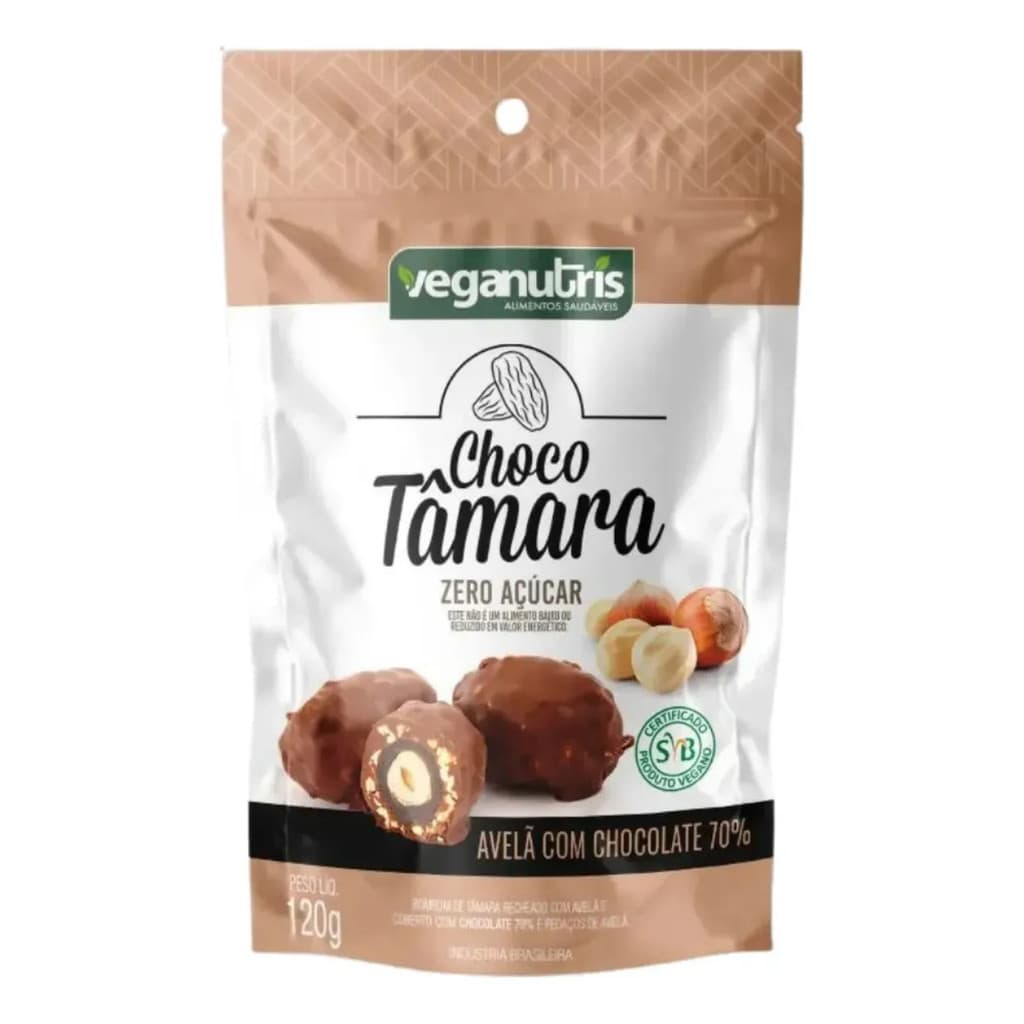 Bombom Tâmara com Avelã e Chocolate 70%, Doce Vegano Dieta Lanche Saudável Alimentação Equilibrada