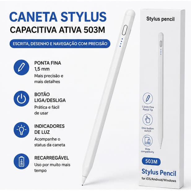 Caneta Stylus Capacitiva Ativa 503M Ponta Fina 1,5mm para Tablet iOS Android Windows