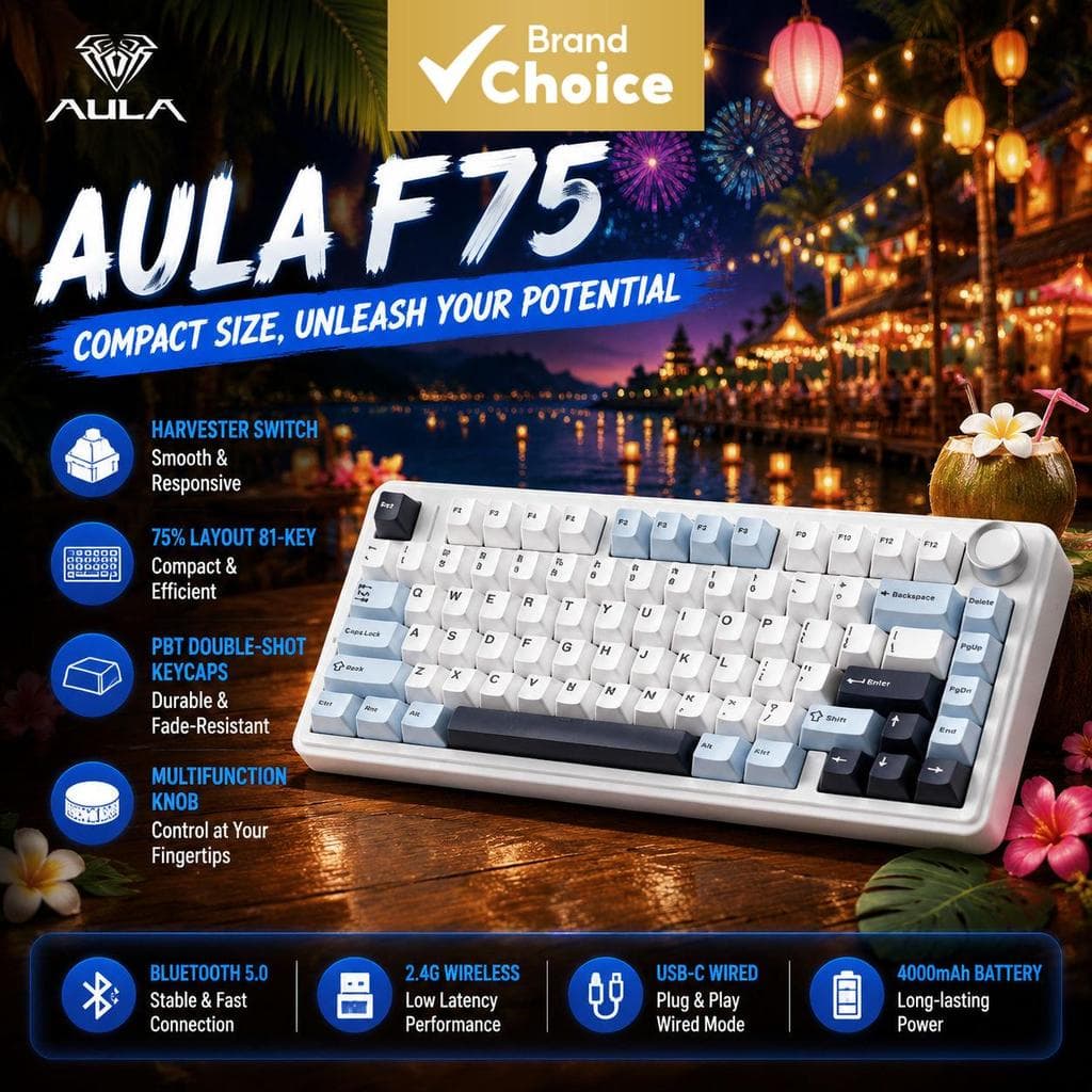 Teclado Mecânico AULA F75 Reaper Switch RGB Hot Swappable 75% Layout Gamer Sem Fio Compacto