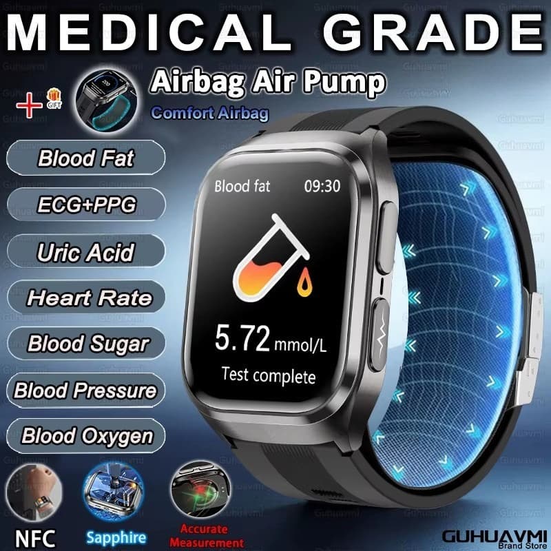 2026 Nova Precisão Medição De Pressão Arterial Saúde Smartwatch Relógio Inteligente Bomba De Ar Airbag Glicose No Sangue