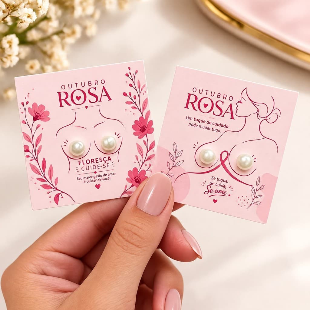 100 Pares De Brinco De Pérola + TAG Lembrancinha Mês Da Mulher Outubro Rosa Tag Para Cliente E Mimo