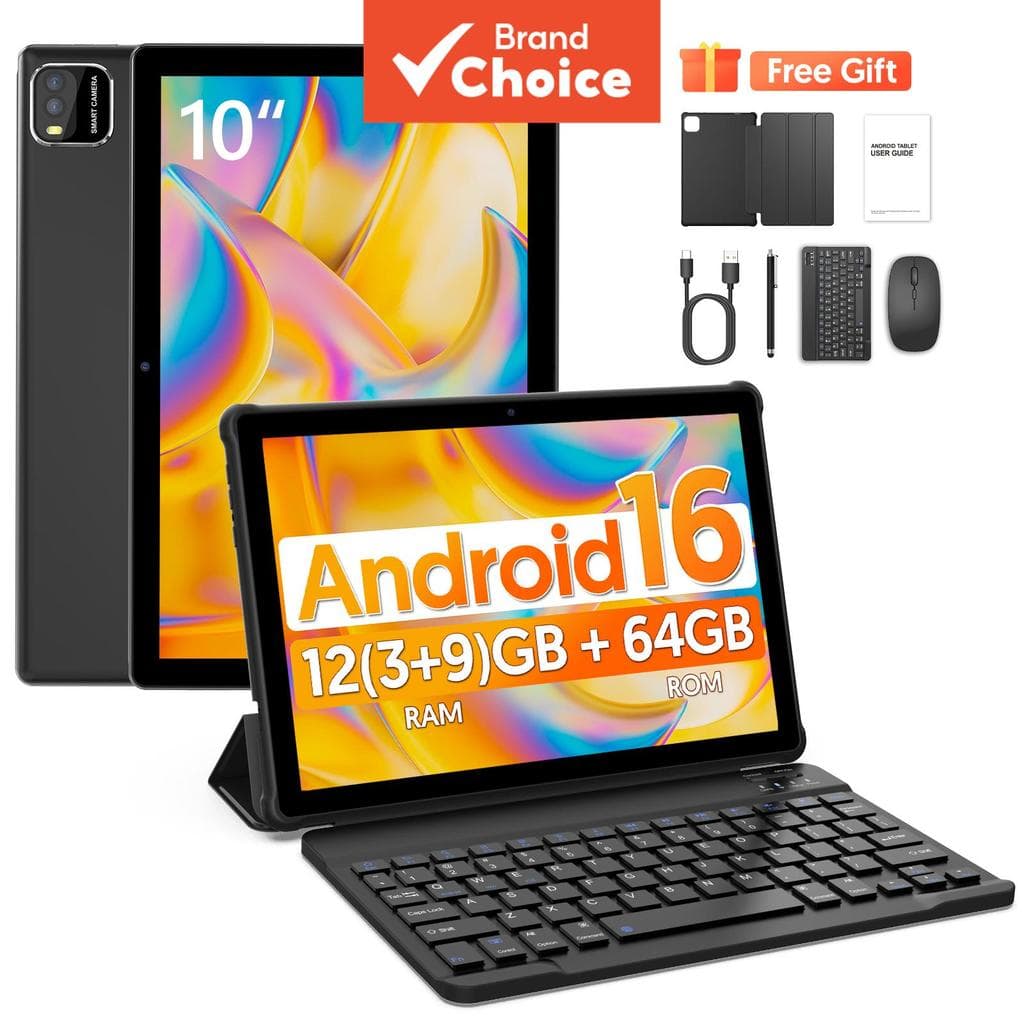 Tablet de 10,0 polegadas com teclado e mouse incluídos, 12 GB (3+9) de RAM + 64GB de armazenamento, Android 16, câmeras