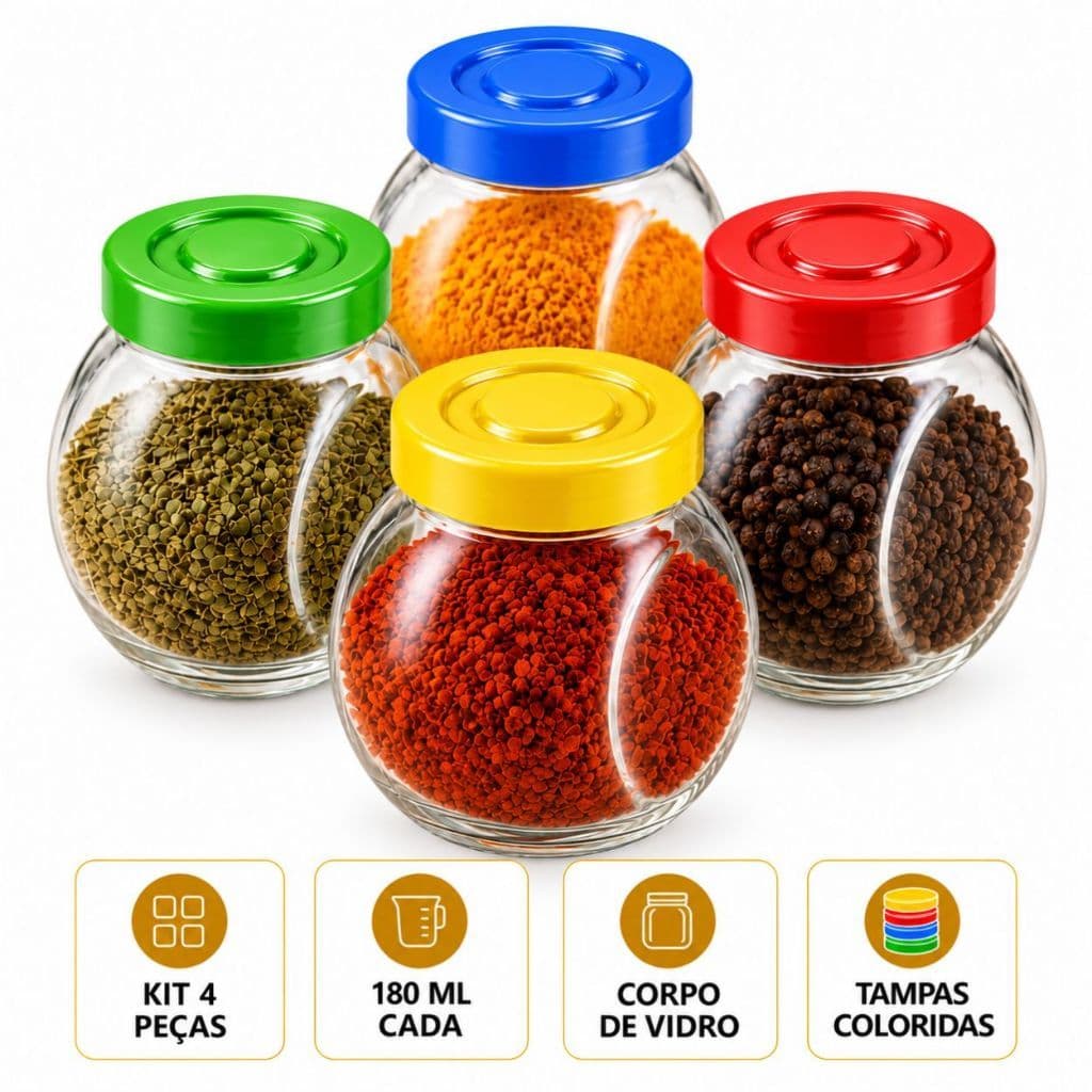 Kit 4 Porta Temperos de Vidro 180ml com Tampa Colorida para Condimentos e Especiarias