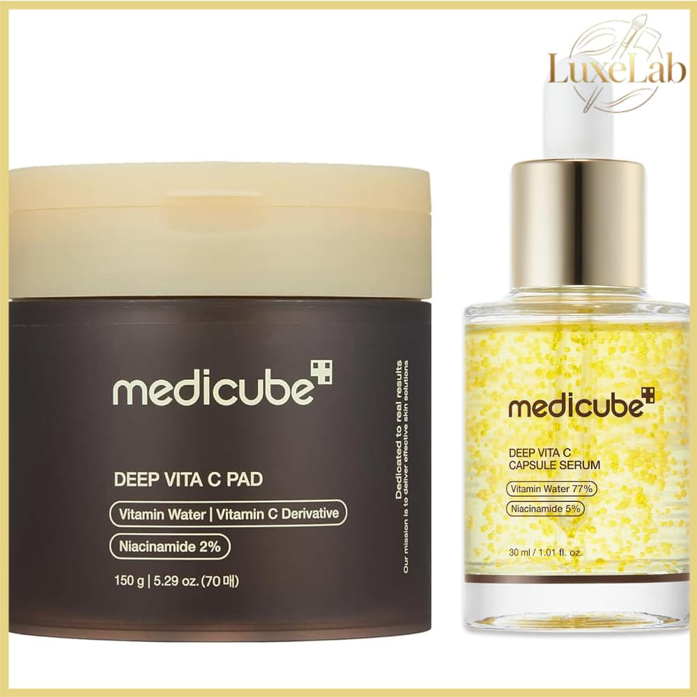 Kit Medicube Deep Vita C: Pad 70un + Sérum Cápsula Vitamina C 30ml | Clareador, Manchas e Uniformização da Pele