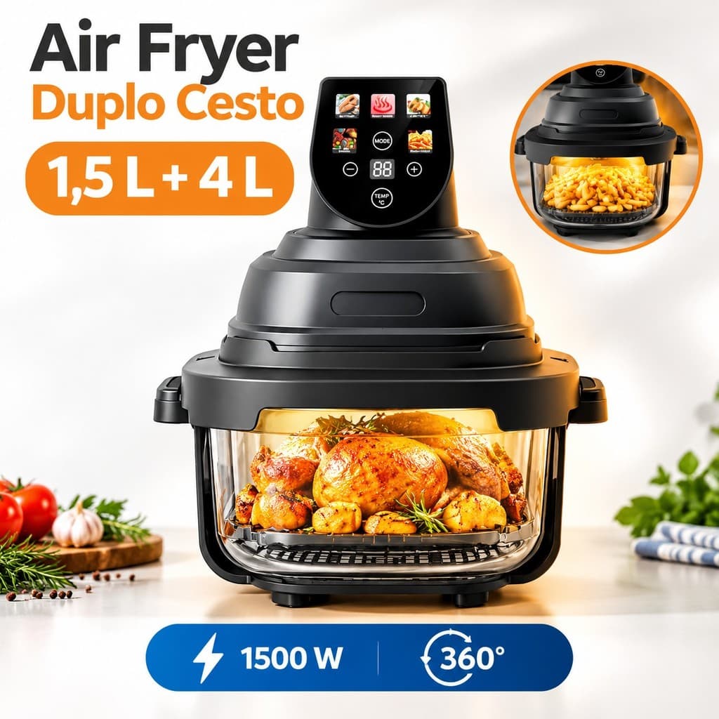 Air Fryer Digital Multifuncional com Tela Touch Vidro Visível 1500W 1.5L e 4L para Cozinha Doméstica Uso Diário