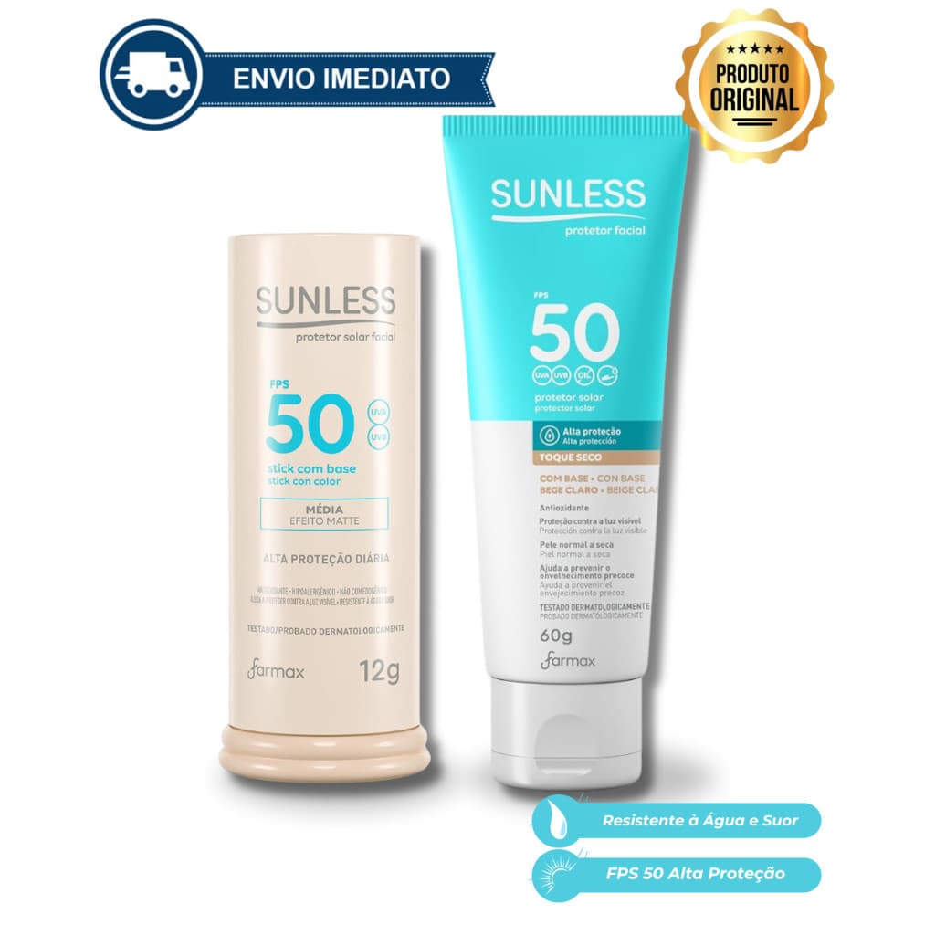 Kit Sunless Protetor Solar Facial Bastão FPS 50 com Base + Protetor Solar Facial FPS 50 Toque Seco Efeito Matte