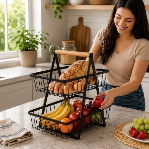 Organizador Cozinha Fruteira Multiuso 2 Andares Preto Compacto Resistente
