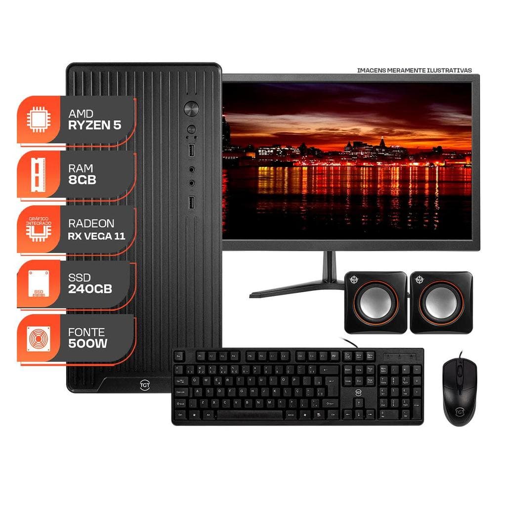 Computador Home Essential S, AMD Ryzen 5 3400G, 8GB DDR4, SSD 240GB, Completo com Monitor  e Periféricos + Caixa de som