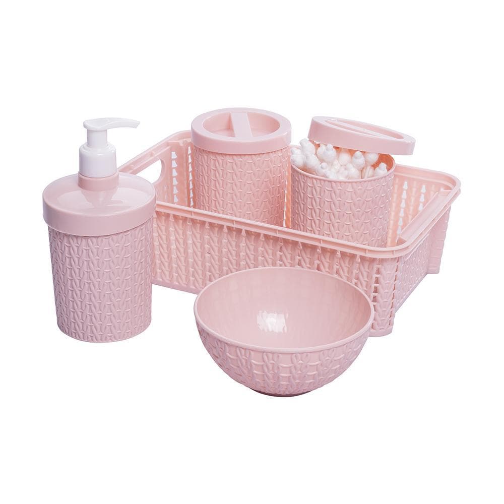 Kit 5 Peças Higiene Bebê Porta Algodão Cotonete Molhadeira Sabonete Cesta Organizadora Enxoval Trama Rosa Plasútil