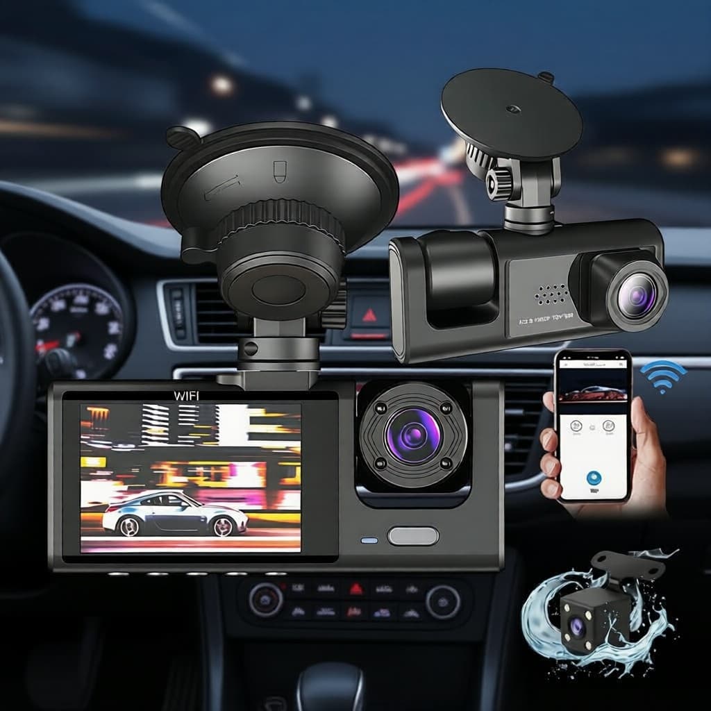 Câmera De Carro Com 3 Lentes Dash De 3 Canais Hd1080 Dvr / WiFi, Câmeras Frontal e Traseira para Gravação de Vídeo