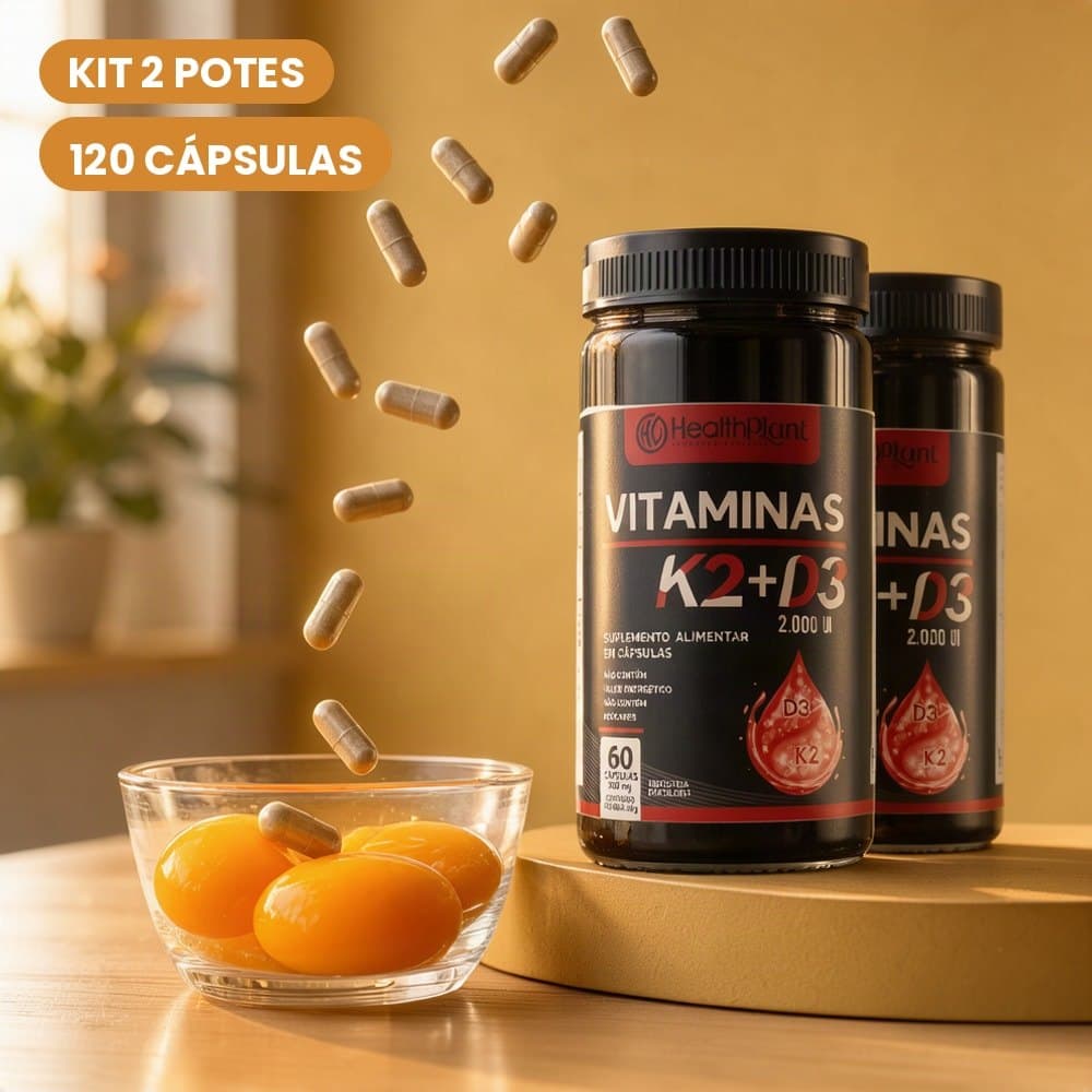 Vitamina K2 + Vitamina D3 2000UI Kit com 2 Potes 120 Cápsulas 500mg Suplemento Alimentar Unissex