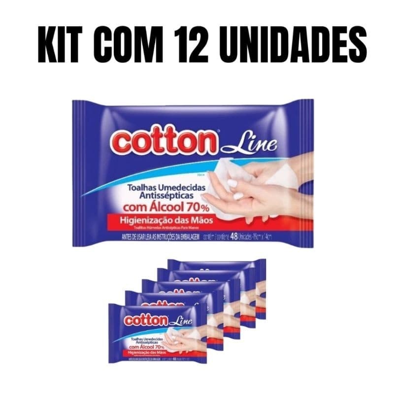 Kit 12 Pacotes C/ 48 Lenços Umedecidos Cada Ál cool 70% - Cotton Line