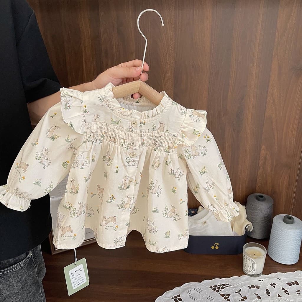 Bebê menina 2026 primavera outono roupas fresco Floral coelho camisa do bebê menina novo estilo menina camisa de algodão