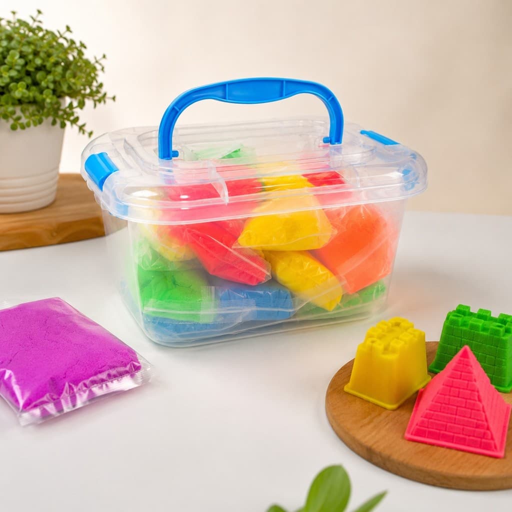 Kit Massinha de Areia Cinética Colorida Infantil Maleta Moldes Sensorial Brinquedo Educativo 6 Cores