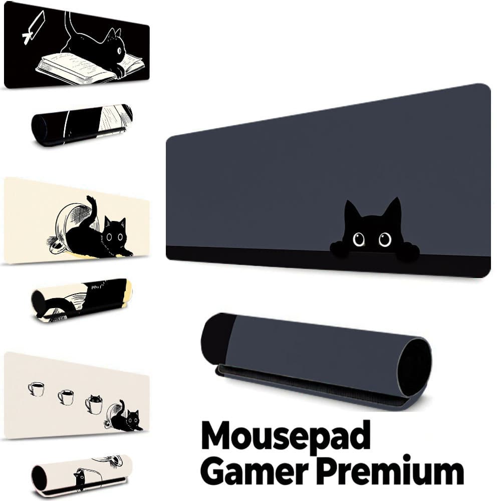 Tapete Gamer Gato Preto Fofo Minimalista, borda costurada, base borracha antiderrapante, à prova d'água mesa notebook