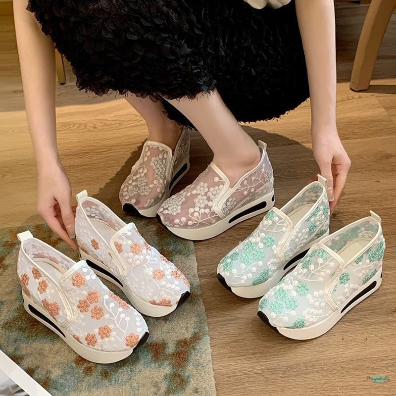 Tênis Femininos com Bordado Floral, Slip-On Confortável de Malha, Calçados Femininos SLFL